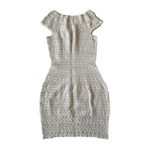 Vtg Hand Crochet White Cottagecore Boho Hippie Cap Sleeve Mini Dress S